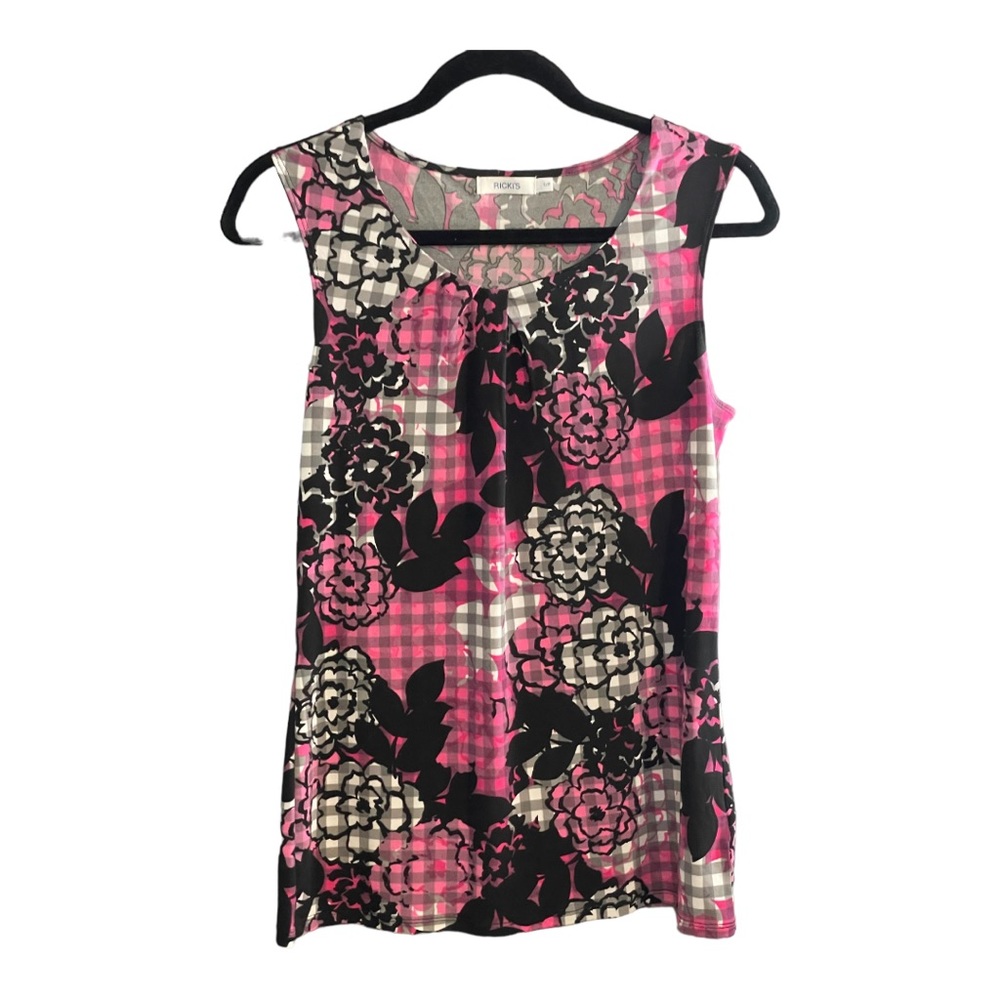 Rickis Sleeveless Blouse Womens Size Small Plaid Floral Pink White Black